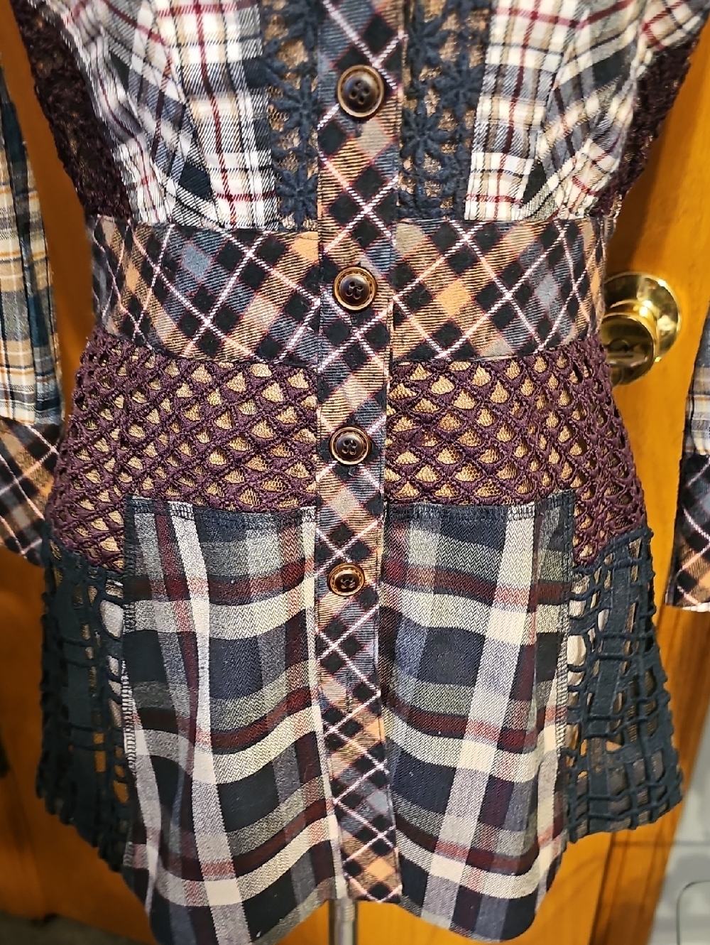 Byron Lars Plaid Sheer Panel Peplum Top - Picture 3 of 9
